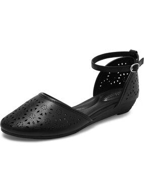 Women Roman Ankle Strap Casual Low Wedge Black Heel Flats Cage Closed Toe Flat